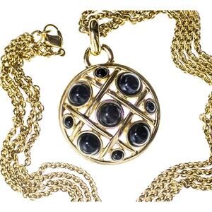 Vtg Monet Signed Gold Tone Black Cabochon Round Pendant Necklace